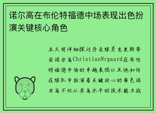 诺尔高在布伦特福德中场表现出色扮演关键核心角色 诺尔高在布伦特福德中场表现出色扮演关键核心角色