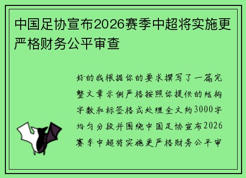 中国足协宣布2026赛季中超将实施更严格财务公平审查 中国足协宣布2026赛季中超将实施更严格财务公平审查