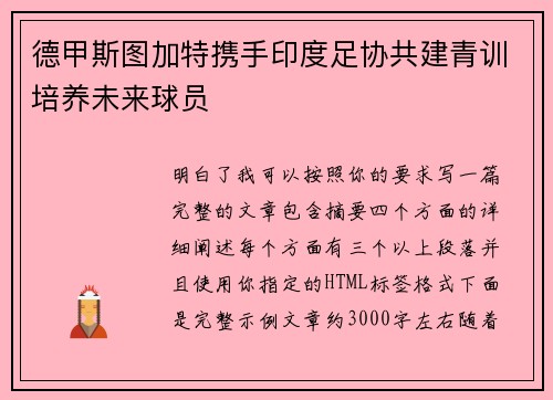 德甲斯图加特携手印度足协共建青训培养未来球员 德甲斯图加特携手印度足协共建青训培养未来球员