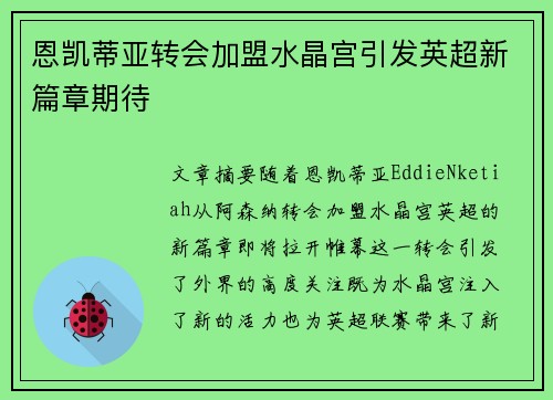 恩凯蒂亚转会加盟水晶宫引发英超新篇章期待 恩凯蒂亚转会加盟水晶宫引发英超新篇章期待