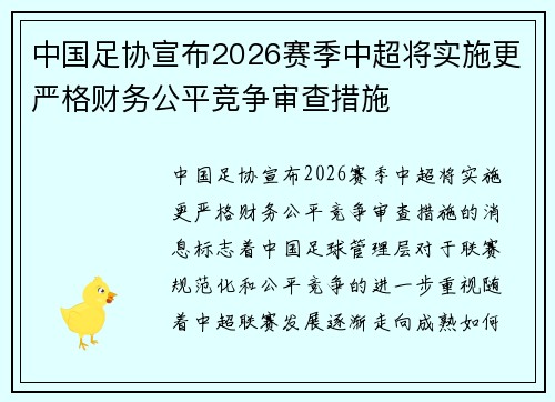 中国足协宣布2026赛季中超将实施更严格财务公平竞争审查措施 中国足协宣布2026赛季中超将实施更严格财务公平竞争审查措施
